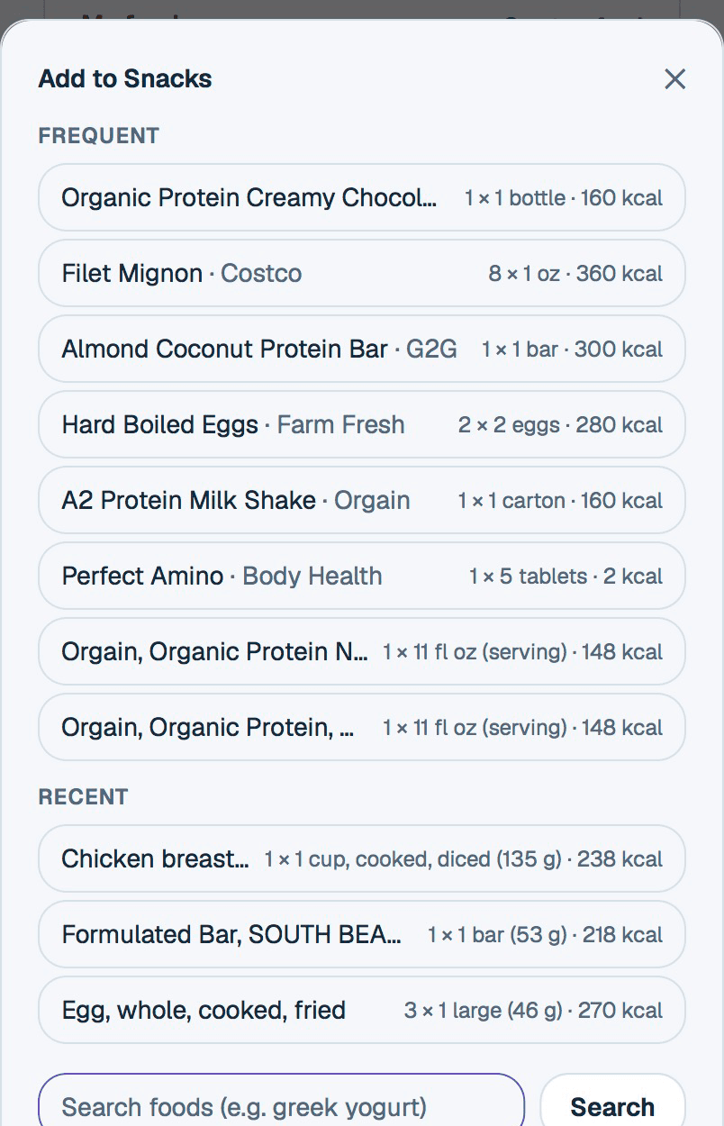 Frequent and Recent foods for one-tap logging