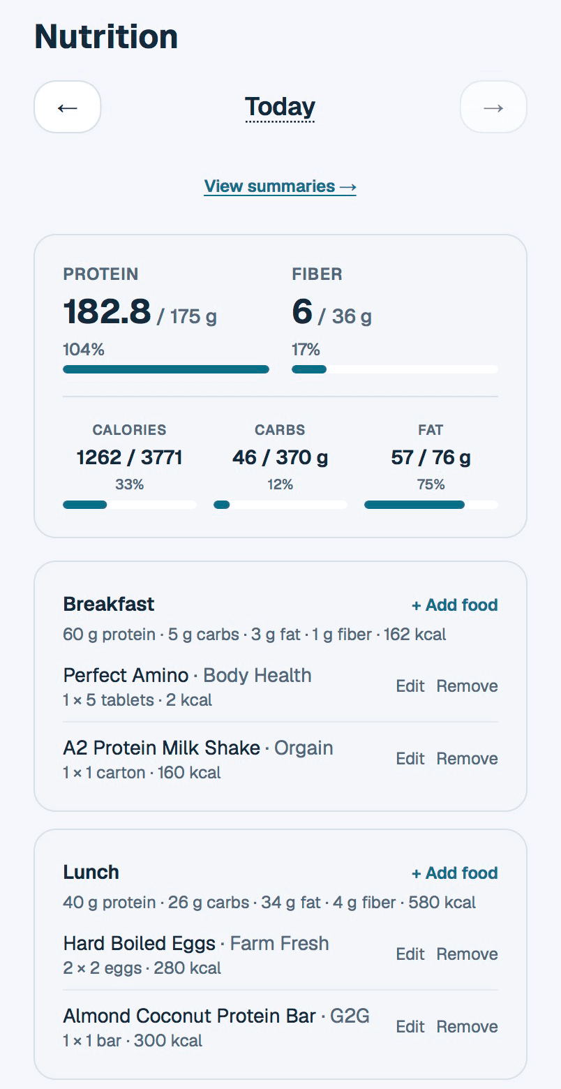 PeptidesGPT nutrition screen showing protein and fiber progress and the day's meals